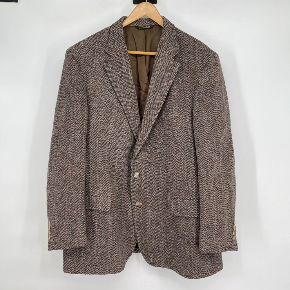 Harris Tweed Herringbone Blazer Brown‎ Scottish Wool Sport Coat Men's 42 Reg